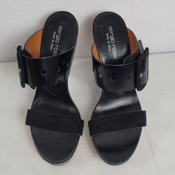 Sergio Rossi Suede Leather Buckle Wood Platform Cone Heels Slides Sandals Sz 37 - Picture 2 of 15